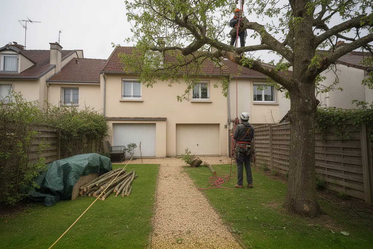 Démontage sécurisé d'un arbre dangereux dans une cour à Tours