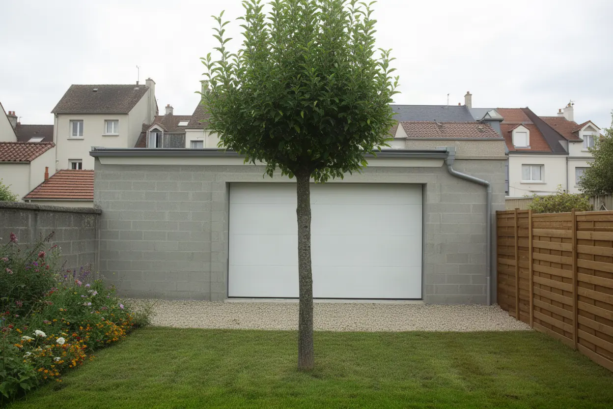 Arbre incliné avant démontage près d'un garage à Tours