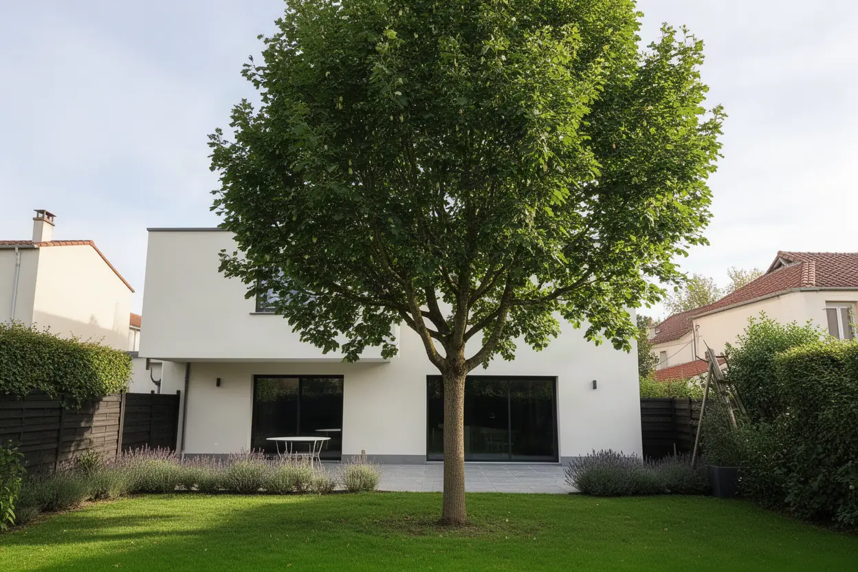 Tilleul dense avant taille d'éclaircie dans un jardin à Tours