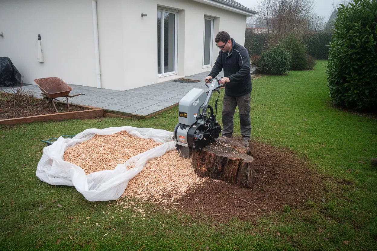 Rognage mécanique d'une souche dans un jardin à Tours