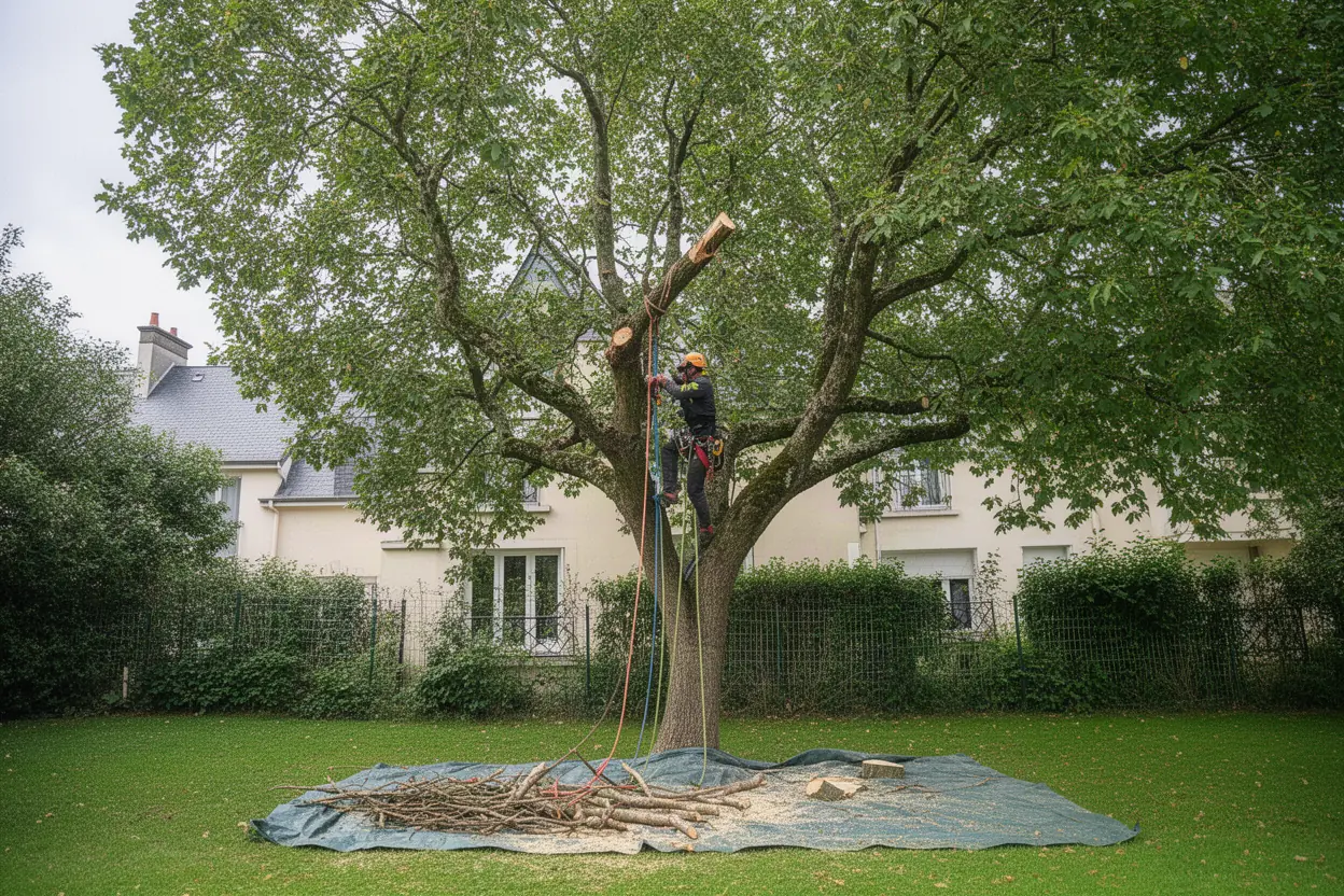 Élagueur réalisant une taille douce sur un arbre à Tours