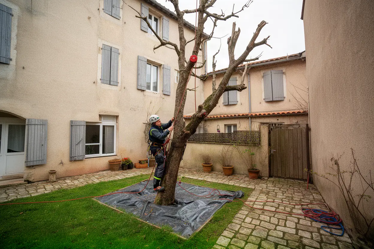 Élagueur grimpeur sur cordes dans un arbre à Fondettes