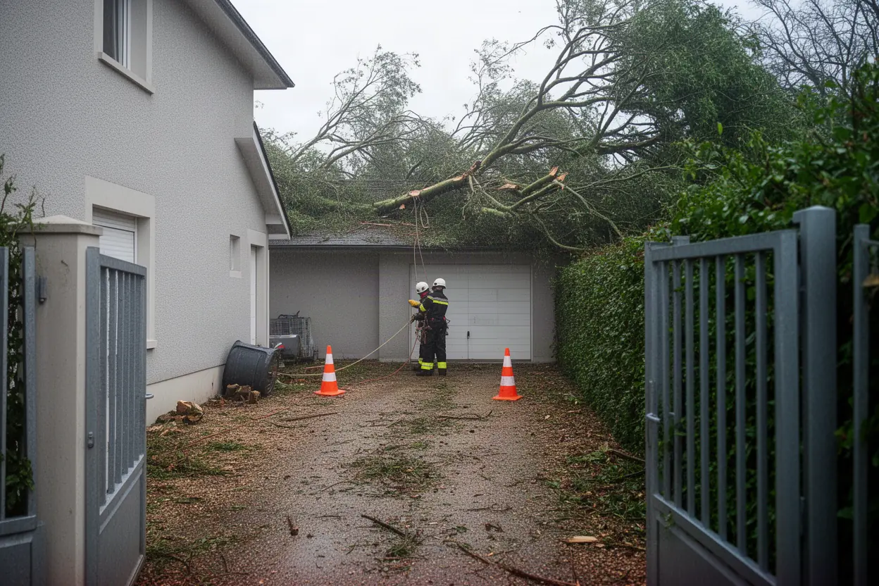 Élagueur sécurisant une branche cassée après tempête à Tours